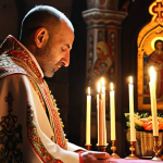 **Prompt 1 (Winter/Early Spring Festival):**
    "Inside an ancient Armenian Apostolic church during a winter festival like Christmas or Easter. Soft, warm candlelight illuminates the historic stone architecture and frescoes. Reverent families and individuals are gathered, some holding candles, creating a sense of timeless tradition, community, and quiet warmth amidst the spiritual atmosphere. A priest in traditional vestments conducts a service in the background."