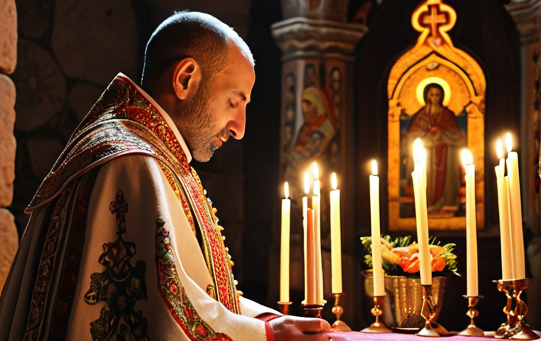**Prompt 1 (Winter/Early Spring Festival):**
    "Inside an ancient Armenian Apostolic church during a winter festival like Christmas or Easter. Soft, warm candlelight illuminates the historic stone architecture and frescoes. Reverent families and individuals are gathered, some holding candles, creating a sense of timeless tradition, community, and quiet warmth amidst the spiritual atmosphere. A priest in traditional vestments conducts a service in the background."