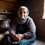 A wise, elderly Armenian woman in a modest, traditional patterned dress and a woven headscarf, fully clothed, appropriate attire. She is seated comfortably in a rustic, sun-drenched Armenian village kitchen. The room features ancient wooden beams, shelves adorned with traditional pottery and dried herbs, and a large, inviting clay oven emitting a soft, warm glow. Sunlight streams through a small, paned window, highlighting dust motes in the air and casting gentle shadows. The atmosphere is one of deep history, comfort, and the silent wisdom of generations, evoking the warmth of shared stories. Professional photography, high detail, natural lighting, perfect anatomy, correct proportions, natural pose, well-formed hands, proper finger count, natural body proportions, safe for work, appropriate content, family-friendly.