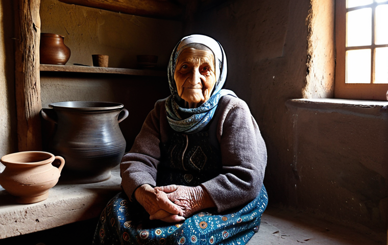 A wise, elderly Armenian woman in a modest, traditional patterned dress and a woven headscarf, fully clothed, appropriate attire. She is seated comfortably in a rustic, sun-drenched Armenian village kitchen. The room features ancient wooden beams, shelves adorned with traditional pottery and dried herbs, and a large, inviting clay oven emitting a soft, warm glow. Sunlight streams through a small, paned window, highlighting dust motes in the air and casting gentle shadows. The atmosphere is one of deep history, comfort, and the silent wisdom of generations, evoking the warmth of shared stories. Professional photography, high detail, natural lighting, perfect anatomy, correct proportions, natural pose, well-formed hands, proper finger count, natural body proportions, safe for work, appropriate content, family-friendly.