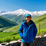 A solo adult traveler, fully clothed in modest and practical outdoor attire including a sturdy jacket and hiking trousers, stands on the side of a winding mountain road, amidst the majestic landscapes between Georgia and Armenia. They are looking towards a panoramic view of deep green valleys, dense forests, and distant snow-capped peaks under a vibrant blue sky. A traditional small roadside stall selling fresh fruits is visible nearby, adding a touch of local interaction. Professional photography, high quality, perfect anatomy, correct proportions, natural pose, well-formed hands, proper finger count, natural body proportions, safe for work, appropriate content, fully clothed, family-friendly.