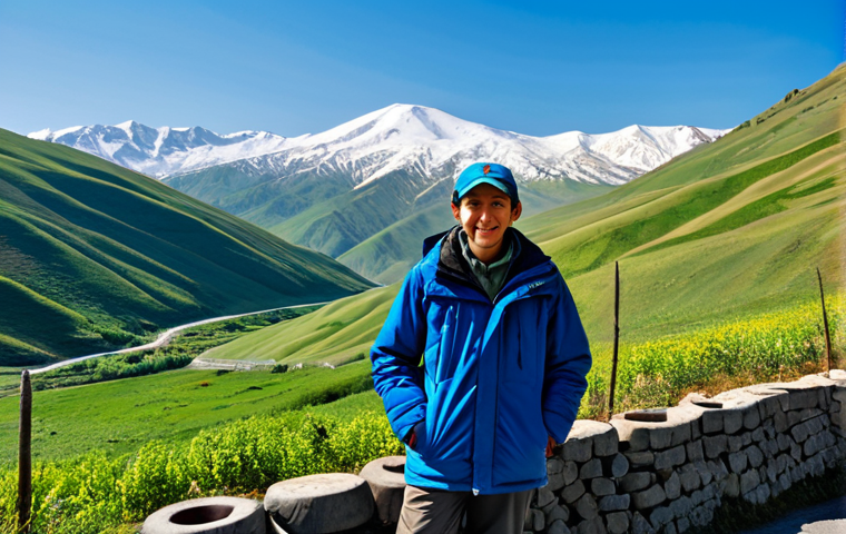 A solo adult traveler, fully clothed in modest and practical outdoor attire including a sturdy jacket and hiking trousers, stands on the side of a winding mountain road, amidst the majestic landscapes between Georgia and Armenia. They are looking towards a panoramic view of deep green valleys, dense forests, and distant snow-capped peaks under a vibrant blue sky. A traditional small roadside stall selling fresh fruits is visible nearby, adding a touch of local interaction. Professional photography, high quality, perfect anatomy, correct proportions, natural pose, well-formed hands, proper finger count, natural body proportions, safe for work, appropriate content, fully clothed, family-friendly.