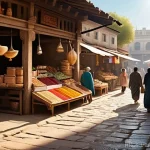 아르메니아와 유럽 연합 관계 - A vibrant, bustling traditional marketplace scene, bathed in warm, late afternoon sunlight. Diverse ...