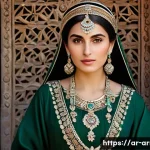 아르메니아의 전통 옷  타르즈 - **Prompt:** A dignified and elegant Armenian woman, in her late 20s, with dark hair stylishly braide...