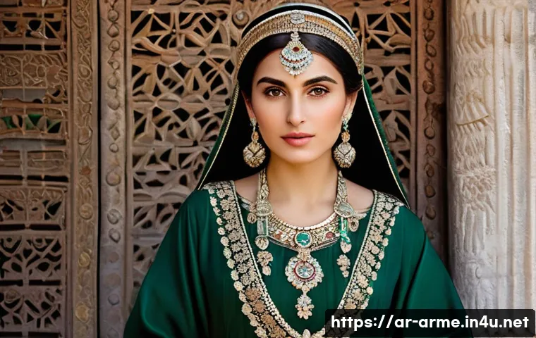 아르메니아의 전통 옷  타르즈 - **Prompt:** A dignified and elegant Armenian woman, in her late 20s, with dark hair stylishly braide...