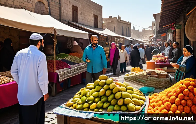 아르메니아 여행 안전 주의사항 - A bustling traditional Armenian marketplace scene during daytime, featuring a diverse crowd of local...