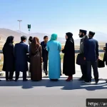 아르메니아 국경 통과 절차 - A detailed scene at an Armenian border crossing featuring a diverse group of Arabic-speaking travele...