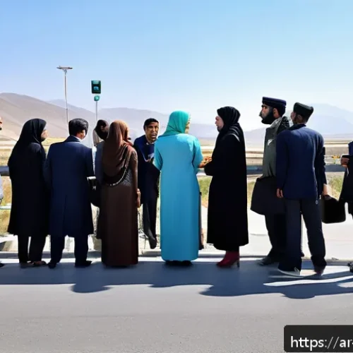 아르메니아 국경 통과 절차 - A detailed scene at an Armenian border crossing featuring a diverse group of Arabic-speaking travele...