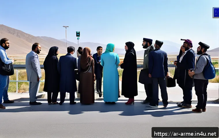 아르메니아 국경 통과 절차 - A detailed scene at an Armenian border crossing featuring a diverse group of Arabic-speaking travele...