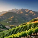 아르메니아 농업과 와인 생산 - A serene Armenian vineyard at sunrise showcasing traditional grapevines on mountainous terrain, with...