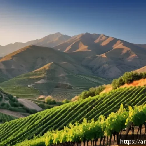아르메니아 농업과 와인 생산 - A serene Armenian vineyard at sunrise showcasing traditional grapevines on mountainous terrain, with...