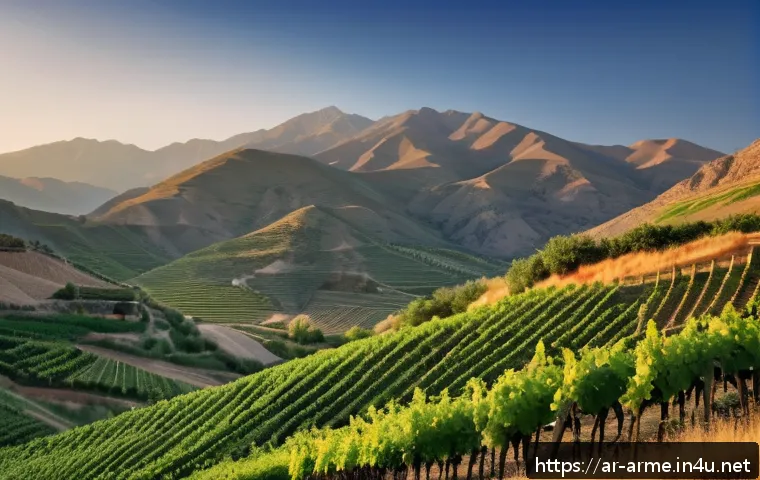 아르메니아 농업과 와인 생산 - A serene Armenian vineyard at sunrise showcasing traditional grapevines on mountainous terrain, with...