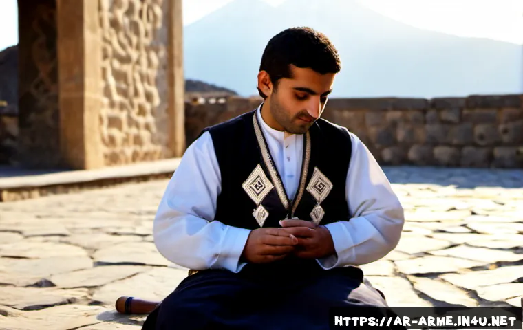 Home 30 아르메니아 민속 음악의 특징 - Photorealistic documentary-style scene of an Armenian folk musician seated in a sunlit stone courtya...