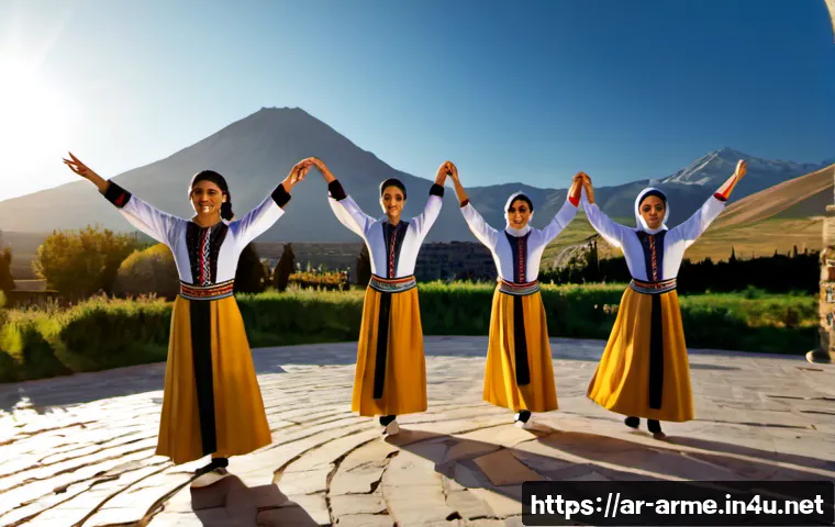 Home 17 아르메니아 민속춤 종류 - Photorealistic Armenian Kochari folk dance, a mixed group of adult dancers in elegant traditional em...